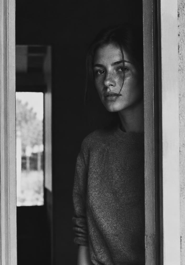 Candid black and white portrait of a young woman standing in a doorway