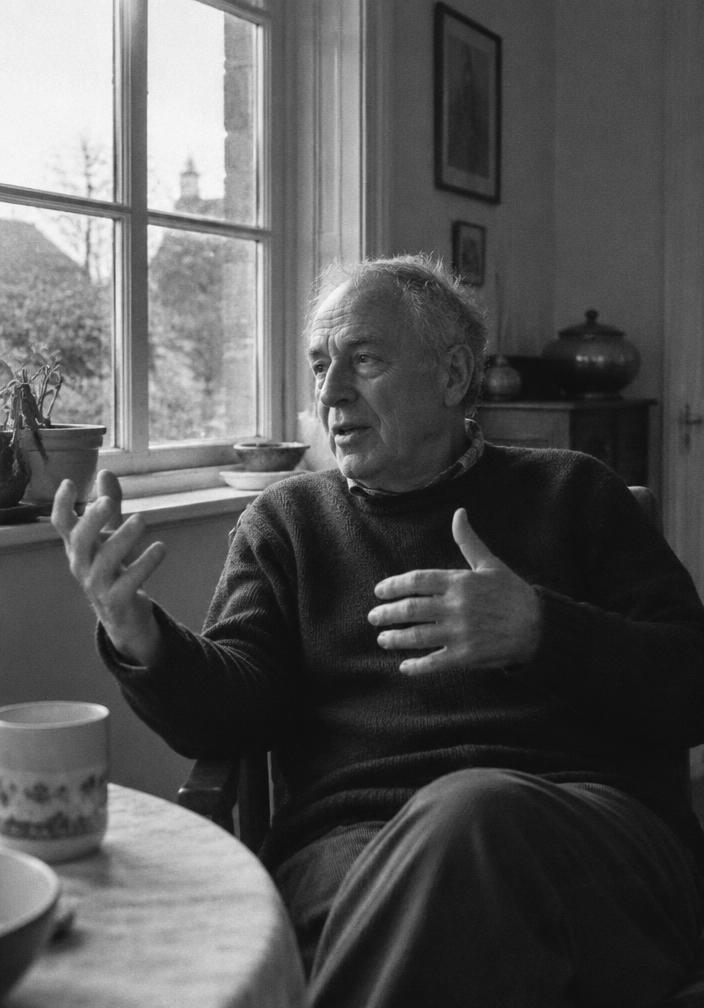 An older man talking by a window, hands mid-gesture